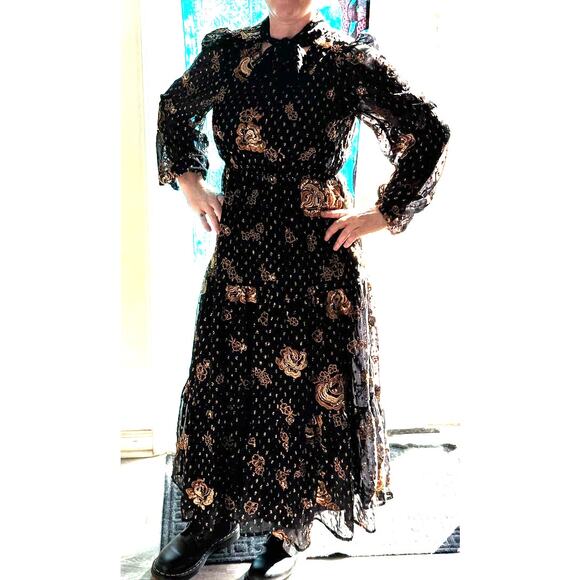 Express Black Gold Embroidered Midi Dress NWT Small Witchy Eventwear - Picture 8 of 16